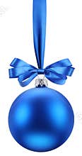 Christmas blue ball on the festive ribbon.