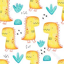 Pencil hand-drawn colored seamless repeating children pattern with cute dinosaurs and plants in Scandinavian style on a
