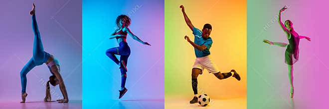 Collage of different professional sportsmen, fit people in action and motion isolated on color background. Flyer.