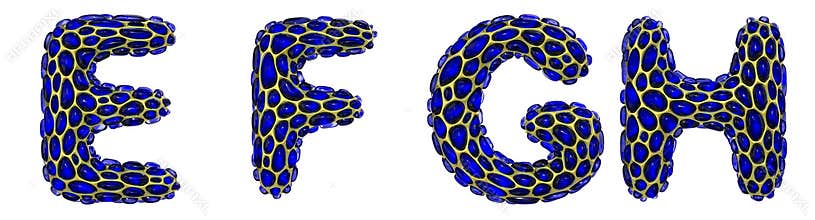 Realistic 3D letters set E, F, G, H made of gold shining metal letters.