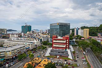 Panoramic view of Kota Kinabalu city with Plaza Shell Building home of the Sabah Shell Petroleum Co Ltd and the Wisma Budaya in