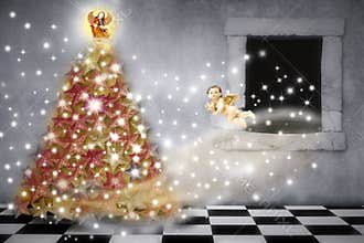Christmas card, angels decorating the tree