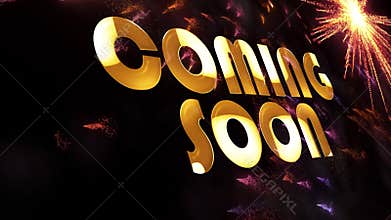 Coming Soon Cinematic Title with fireworks particles motion graphic effect Loop. 4K 3D render seamless loo.