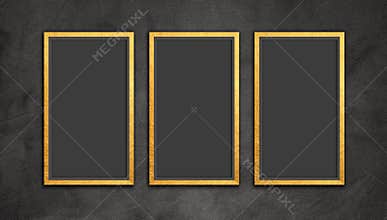 Three Vertical Black frames With Golden Borders hanging in Grungy luxurious black wall. Empty 3 thin picture blank mock up