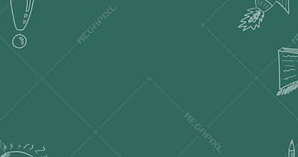 Animation of school related white chalk doodles moving over green chalkboard