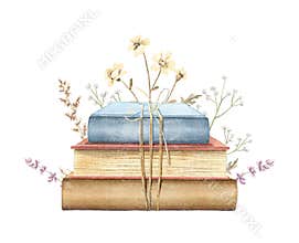 Watercolor vintage retro pile of books in different colors with meadow dried flowers