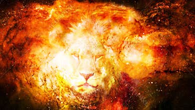 Lion in the cosmic space. Lion photos and graphic effect.