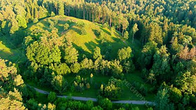 Scenic aerial view of Stirniai mound. Neris Regional Park, Vilnius, Lithuania.