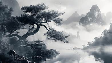 Generative AI Chinese ink landscape painting business concept.
