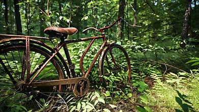 Abandoned rusty bicycle in lush green forest, nature reclaiming concept
