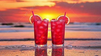 Refreshing sunset cocktails by the beach with vibrant colors and tropical fruits