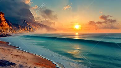 Sunset over tranquil beach with cliffs and ocean waves, serene nature scene. Relaxation and meditation concept