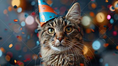 adorable cat with party hat and confetti for birthday party