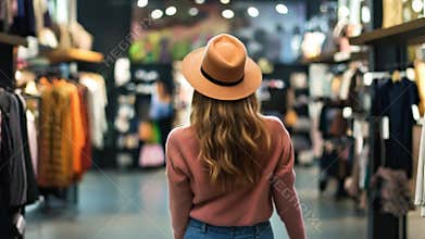 Woman in a cozy sweater and hat exploring a boutique filled with clothing and accessories on a bustling shopping day