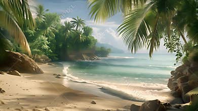 Exotic beach, palms, sea and sky. Traveling, tourism and vacation concept. Beautiful sunset light. Ai generated.