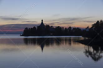 Silhouette of Nikolsky Skete of Valaam Monastery at dusk