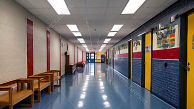 long corridor with furniture in school building back to school day