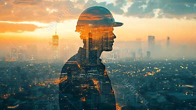 Generative AI The double exposure image of the engineer thinking overlays with cityscape image with copy space The