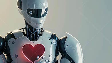 Robot holding heart and shield as symbol of ethical and responsible AI. AI ethics