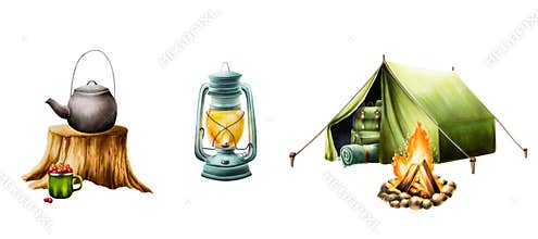 Campfire, oil kerosene lantern, hiking and camping backpack, rolled up blanket and sleeping bag in green camping tent