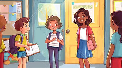 Diverse Group of Kids Chatting Before Entering Their School Classroom