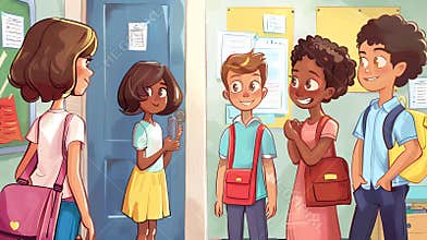 Diverse Group of Students Chatting Before Class in a School Hallway
