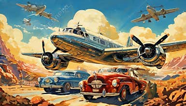 Retro scene with vintage cars and airplanes