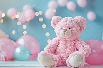 Plush pink teddy bear, surrounded by soft pastel balloons and subtle bokeh lights in the background. Ideal for