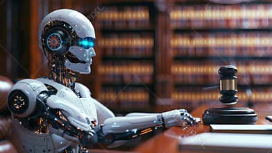 Robot judge deliberates in a futuristic courtroom filled with law books