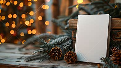 Blank book on a wooden table surrounded by evergreen branches and festive lights