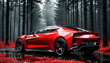 Red sports car in a vibrant forest setting