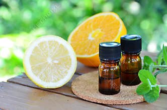 Essential oils with citrus fruits and herbs