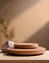 A mockup of an empty podium with a light brown wooden top and stone base, beige wall in the background
