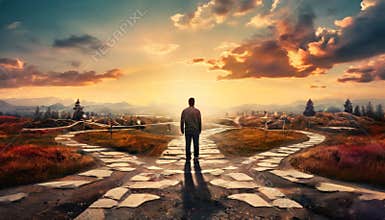 Person standing at a crossroads at sunrise, symbolic of life choices