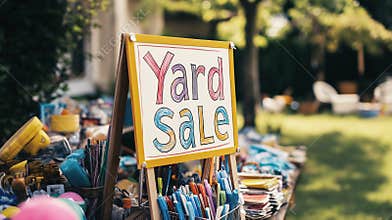 Colored Yard Sale sign displayed on easel surrounded by various items for sale including pens, household goods and toys