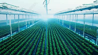 Hydroponic greenhouse plants being watered by automated sprinkler
