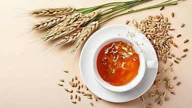 Barley tea in cup and barley.