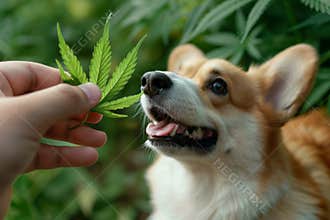 Corgi dog outdoors looking at cannabis leaf held by human hand