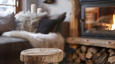 Cozy living room with a wooden stool in front of a fireplace. Sofa with fur throws and candles in the background