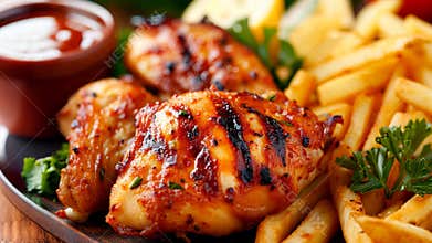 succulent grilled chicken breasts served with golden fries