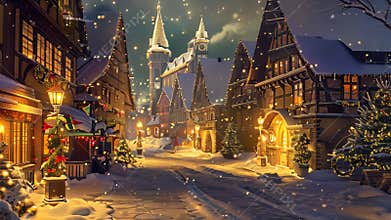 A snowy night in a European village square, lit up with Christmas lights and decorations, A festive village square bustling with