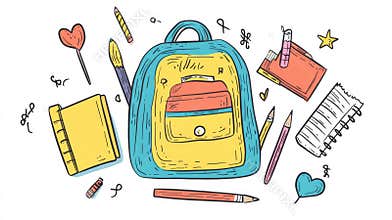 Colorful doodle style back to school clipart featuring a backpack, pencils, and notebooks