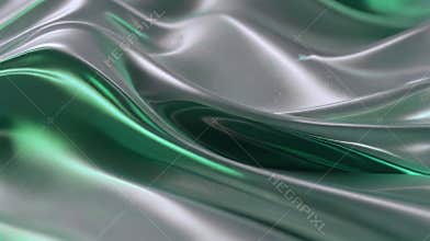 Abstract green and silver metallic fabric flowing creating waves