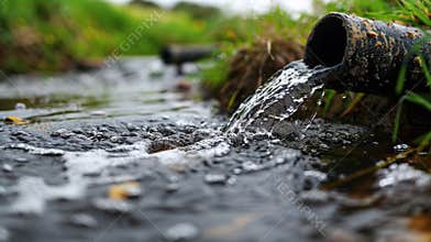 Sewage pipe discharging dirty water into a pristine river during a sunny afternoon