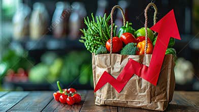 Rising food costs represented by grocery bag and inflation arrow in modern market setting