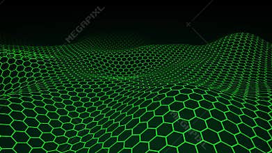 Green colored wave field with smoothly moving hexagon grid on a black background