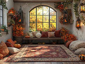 Central empty 3D podium surrounded by cozy home decor, including plush pillows, blankets, and Thanksgiving-themed table