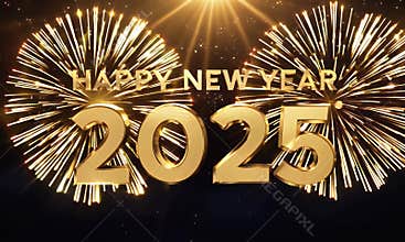 Elegant Happy New Year 2025 text animation with sparkling golden lights and a celebratory fireworks display.