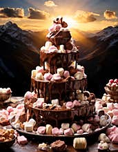 Chocolate dessert tower with marshmallows and mountain sunset