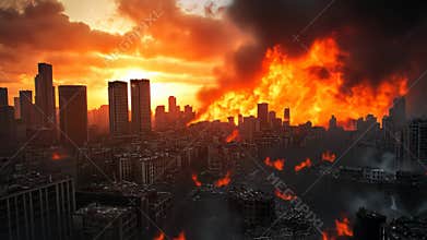 Fiery Urban Chaos, Dystopian Landscape  Generative AI